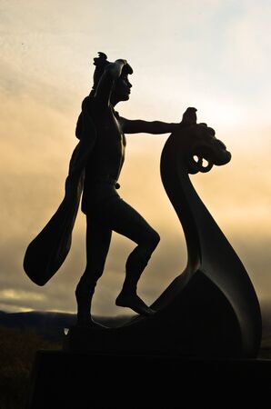 Monument dedicated to famous viking Leifr Eiricsson, son of Erik the Red, in front of the house where he was born at Eirikstadir in northwest Icelandのeditorial素材