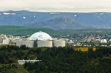 Perlan or Pearl, rotating building and restaurant build on water towers, Reykjavik, Icelandの写真素材