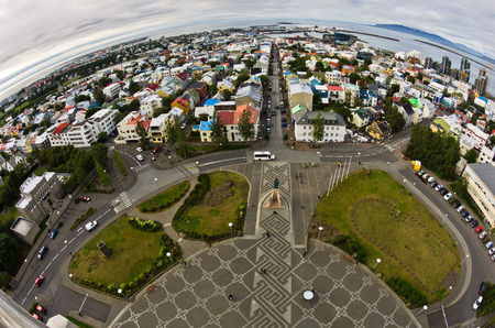 Aerial view from Hallgrimskirkja church on Reykjavik downtown and harbor, Icelandのeditorial素材