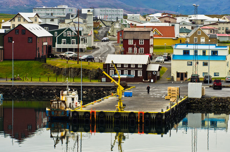 Stykkisholmur harbor in west Icelandic fjord with cityscape in background, Icelandのeditorial素材