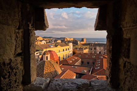 Panoramic view of Cagliari downtown at sunset in Sardinia, Italyの写真素材