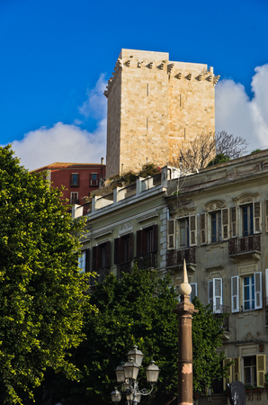 City square at Cagliari downtown with citadel tower in background, Sardinia, Italyのeditorial素材