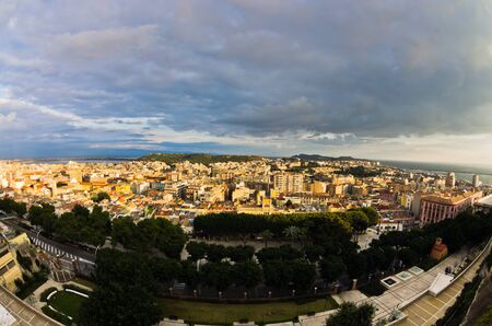 Panoramic view of Cagliari downtown at sunset in Sardinia, Italyの写真素材
