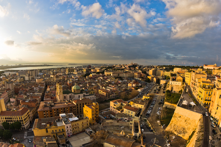 Panoramic view of Cagliari downtown at sunset in Sardinia, Italyの写真素材