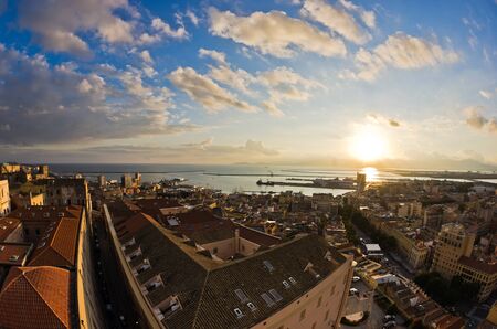 Panoramic view of Cagliari downtown at sunset in Sardinia, Italyの写真素材