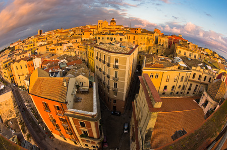Panoramic view of Cagliari downtown at sunset in Sardinia, Italyの写真素材