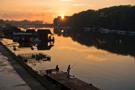 Autumn sunset at Ada lake in Belgrade, Serbiaの写真素材