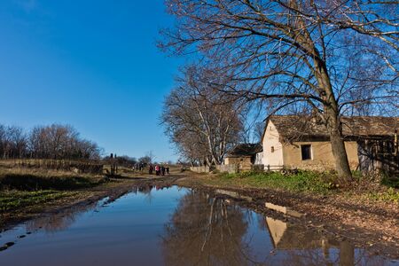 Small pond on a trekking path at rural countryside of Deliblatska pescara, Serbiaの写真素材