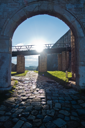 Fortress gate with a wooden bridge at Kalemegdan fortress, Belgrade, Serbiaの写真素材