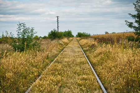 Railroad tracks at flat prarie area in north Serbiaの写真素材