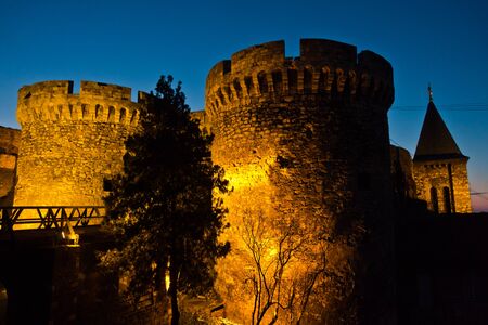 Kalemegdan fortress wooden bridge, gates and towers at twilight in Belgrade, Serbiaのeditorial素材