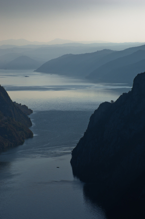 Danube river from the top of Djerdap gorge at narrowest place called Kazan, Djerdap national park, Serbiaの写真素材