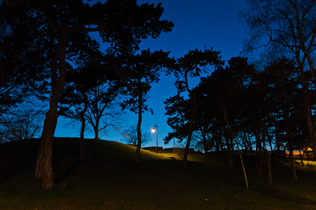 Lantern on a walking path at blue hour in Kalemegdan park, Belgrade, Serbiaの写真素材