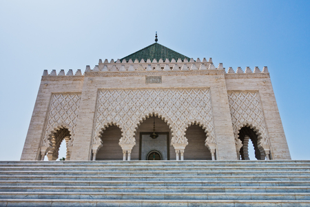 Mohammed V Royal family mausoleum and mosque in Rabat, Morocco, Africa, known for its ornate Alaouite architecture and green tiled roofのeditorial素材