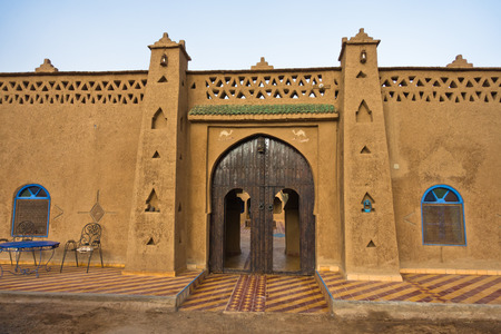 Lodges in Casbah style at the edge of Sahara desert in Merzouga, near Erg Chebbi in Morocco, Africaの写真素材