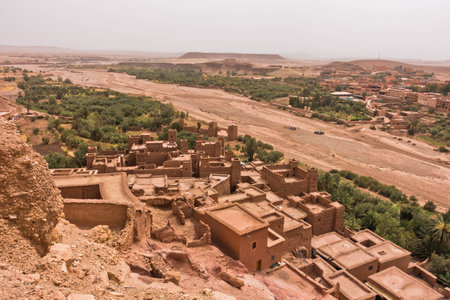 Aerial view of berber village of Ait Ben Haddou, UNESCO world heritage site in Morocco, Africaの写真素材