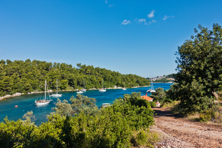 Sailboats at Panormos bay, island of Skopelos, Greeceの写真素材