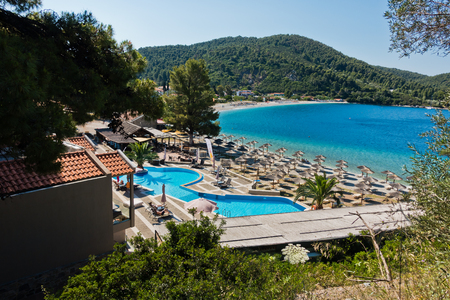 Viewpoint above Panormos bay at the island of Skopelos in Greeceの写真素材