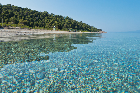 Calm and crystal clear turquoise sea water at morning, Milia beach, island of Skopelos, Greeceの写真素材