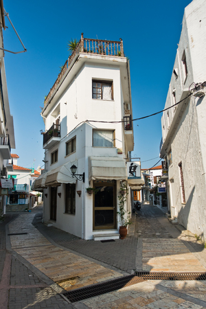 Narrow alleys with traditional greek white houses at Skiathos town, morning at Skiathos island, Greeceのeditorial素材