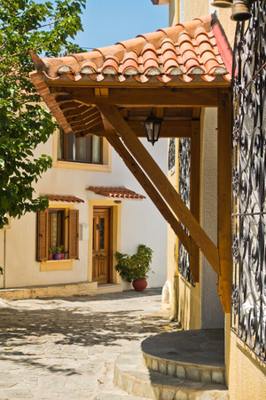 Narrow alleys with traditional greek houses at Skiathos town, morning at Skiathos island, Greeceのeditorial素材