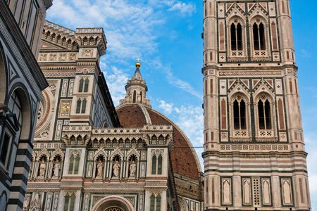 External details of bell tower and Santa Maria del Fiore cathedral in Florence, Tuscany, Italyの写真素材