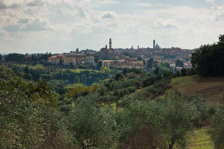 Hiking hills, backroads and vineyards at autumn, near Siena in Tuscany, Italyの写真素材