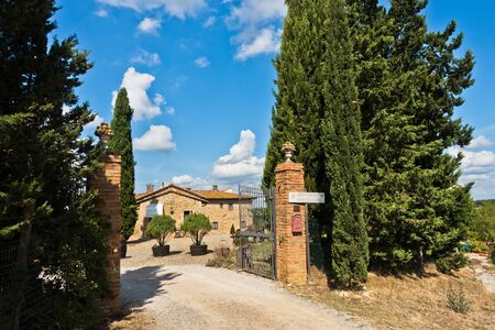Hiking hills and backroads with cypress trees through Tuscany countryside at autumn, near San Gimignano, Italyの写真素材