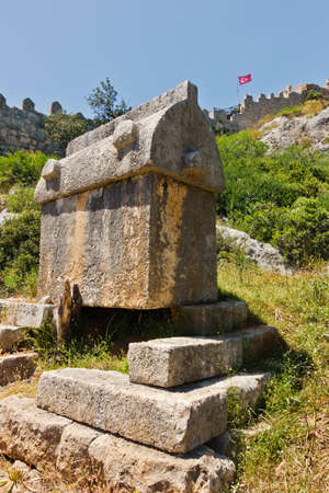 Lycian tombs below turkish Simena fortress near Kekova island, Turkeyの写真素材