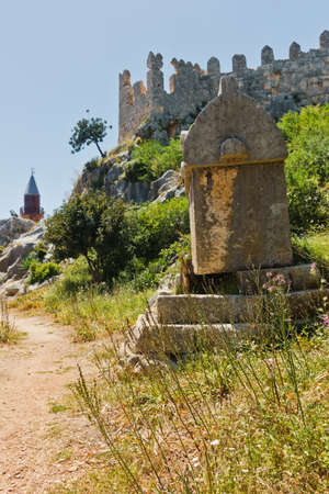 Lycian tombs below turkish Simena fortress near Kekova island, Turkeyの写真素材