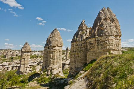 Panorama of Love valey with magnificent stone structures near Goreme at Cappadocia, Anatolia, Turkeyの写真素材