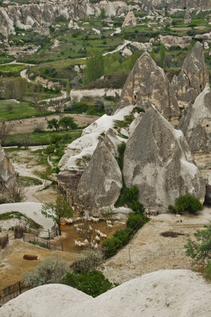 Detail from landscape with magnificent stone structures and caves near Goreme at Cappadocia, Anatolia, Turkeyの写真素材