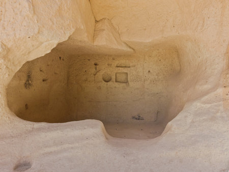 Detail from carved stone caves in magnificent stone structures near Goreme, Cappadocia, Anatolia, Turkeyの写真素材