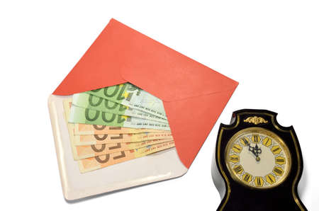 An envelope with money and a clock