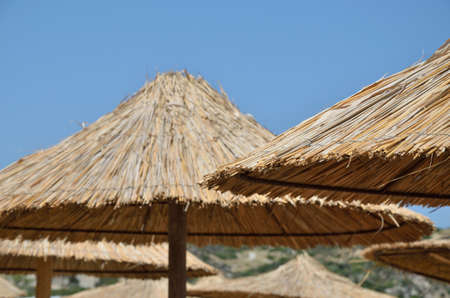 Beach straw parasols and clear blue skyの写真素材