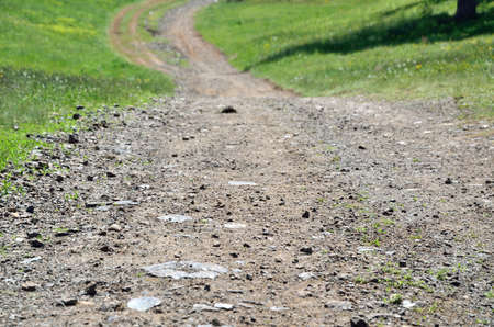 Rocky road through spring fields down hillsの写真素材