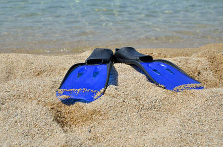 Blue-black flippers on pebble beach with sea in backgroundの写真素材