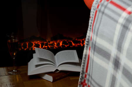 Soft blanket by the fireplace with books and wine in backgroundの写真素材