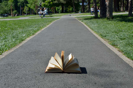 Open book on a pathway in park on a windy dayの写真素材