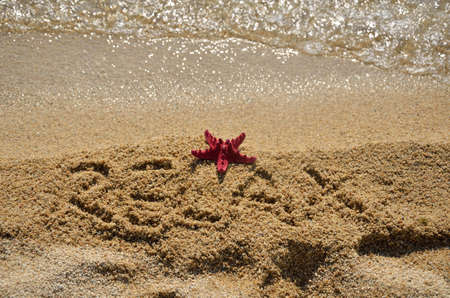 Red sea star close to the sea on sandy beach with word RELAX written in the sand