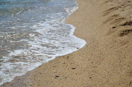 Foamy sea wave on sandy beach in summer timeの写真素材