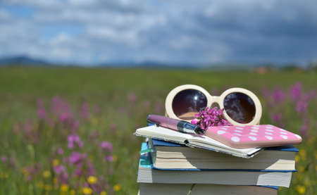 A pile of books, open notebook, wildflowers, pen, sunglasses and mobile phone in a meadow with beautiful landscape in backgroundの写真素材