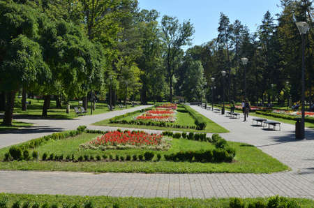 Public park of Vrnjacka Banja, Serbia with flowers and trees in summertime