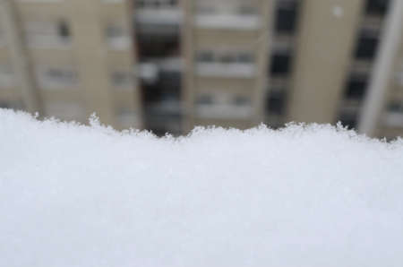 Cover of just fallen fresh snow with visible snowflakes on its edge and with building in backgroundの写真素材