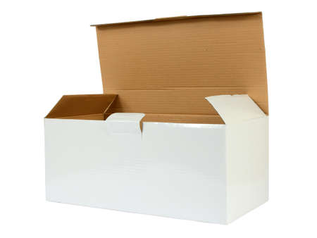 White open cardboard box with brown inside, on white background