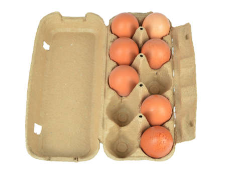 Close-up of seven chicken eggs in open box on white background