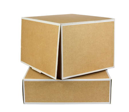 Two cardboard square boxes with white edges, in two sizes, bigger box set on smaller one, isolated...