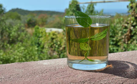 Glass of aromatic mint tea with fresh mentha leaves with Mediterranean landscape in backgroundの写真素材