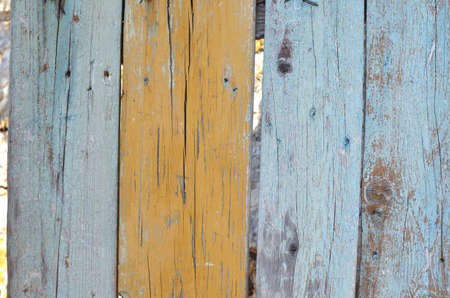 Blue and yellow wooden surface of an old yard gateの写真素材