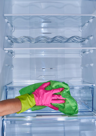 Cleaning empty refrigerator - woman's hand in gloves holding cleaning ragの写真素材